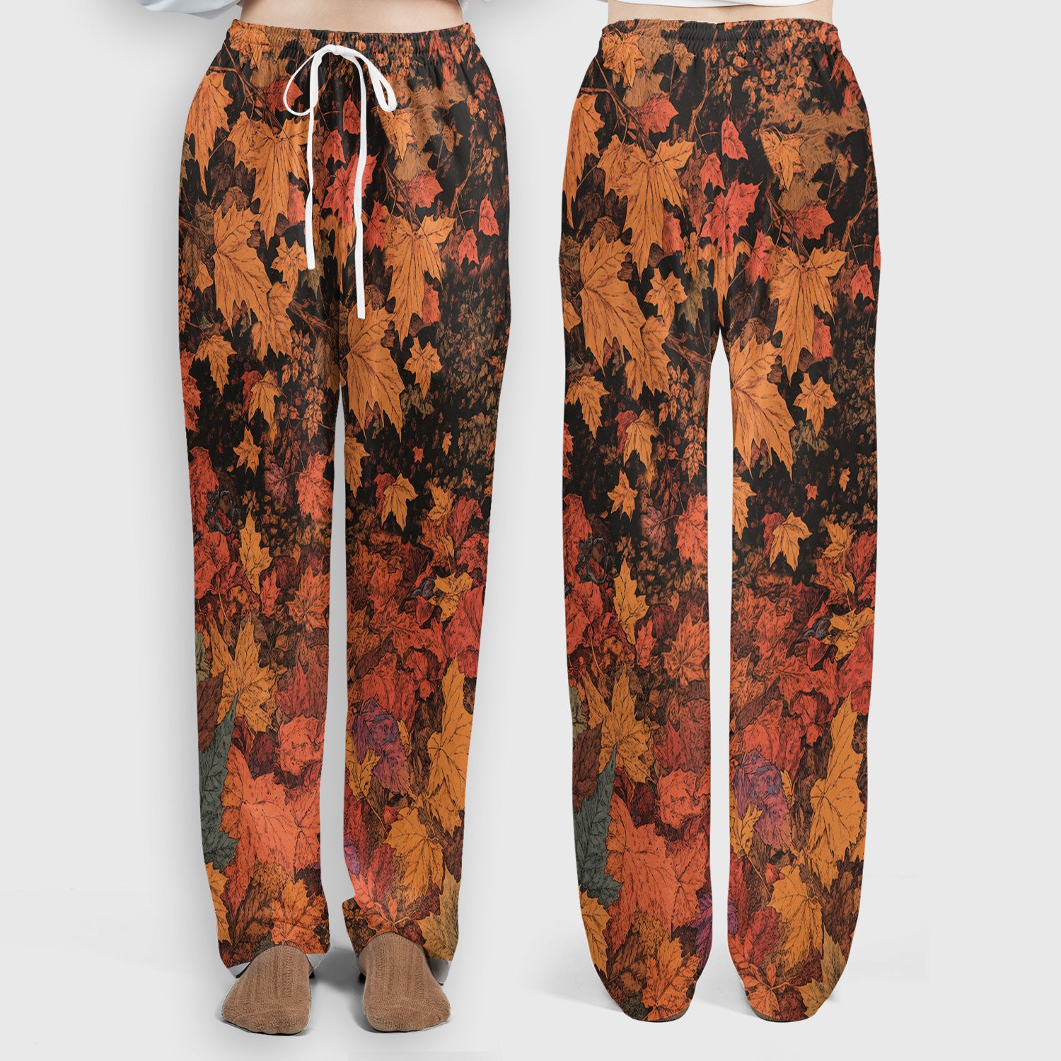 Autumn Cat with Fall Leaves Scrub Set, Scrub Pants and V Neck Top