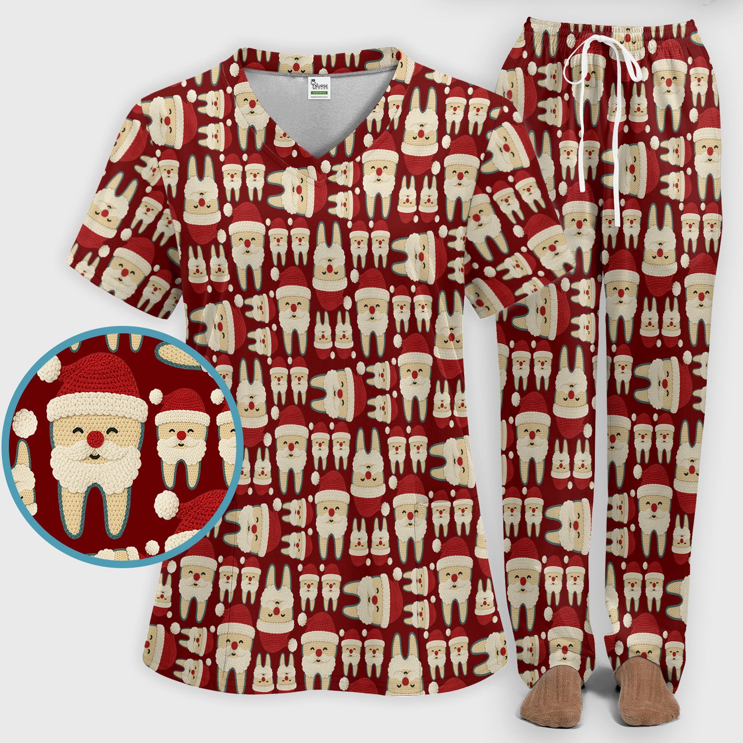 Christmas Tooth Scrub Set - Cute Santa Tooth Pattern for Dentists & Hygienists - Crochet Style Holiday Medical Uniform for Women