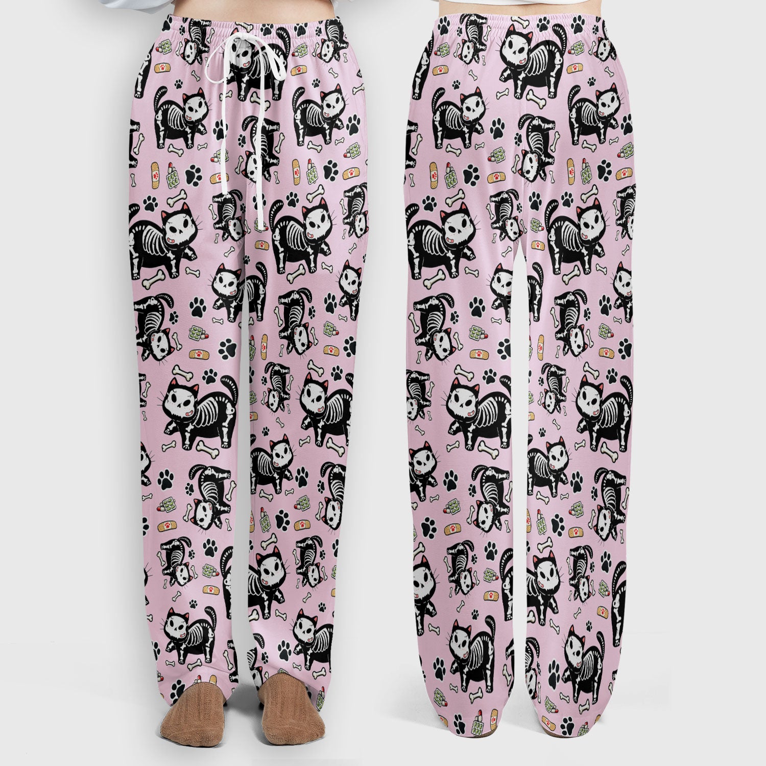 Skeleton Cat Medical Pattern Scrub Set, Scrub Pants and V Neck Top