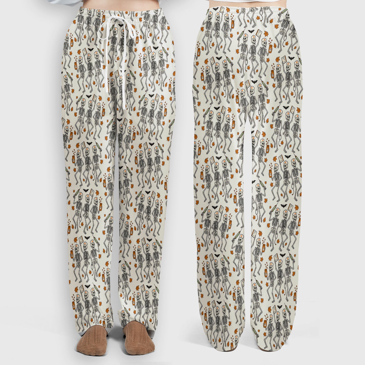Funny Halloween Skeleton Pattern Scrub Set, Scrub Pants and V Neck Top