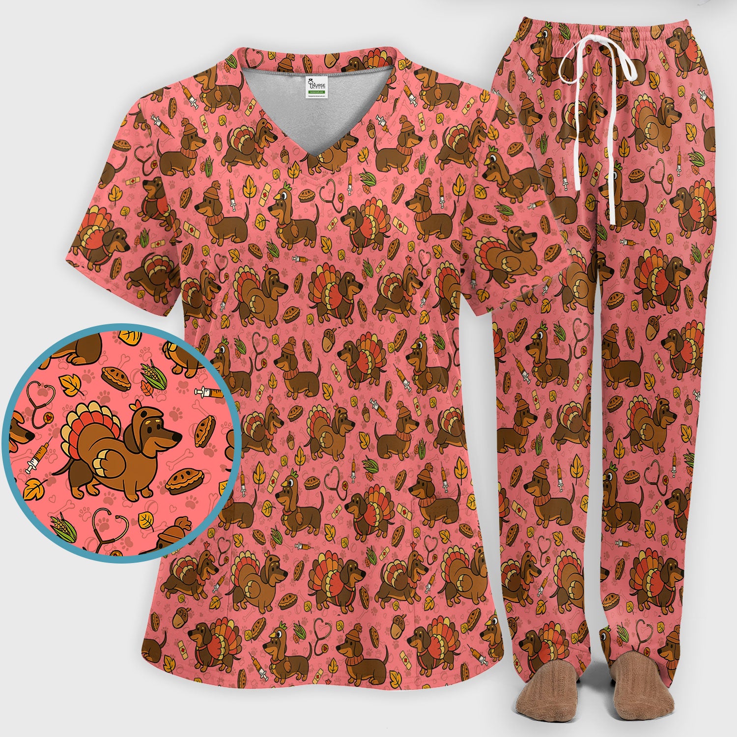 Thanksgiving Wiener Dog Scrub Set - Funny Dachshund Turkey Scrubs Pants and V Neck Top - Fall Winter Gift for Women