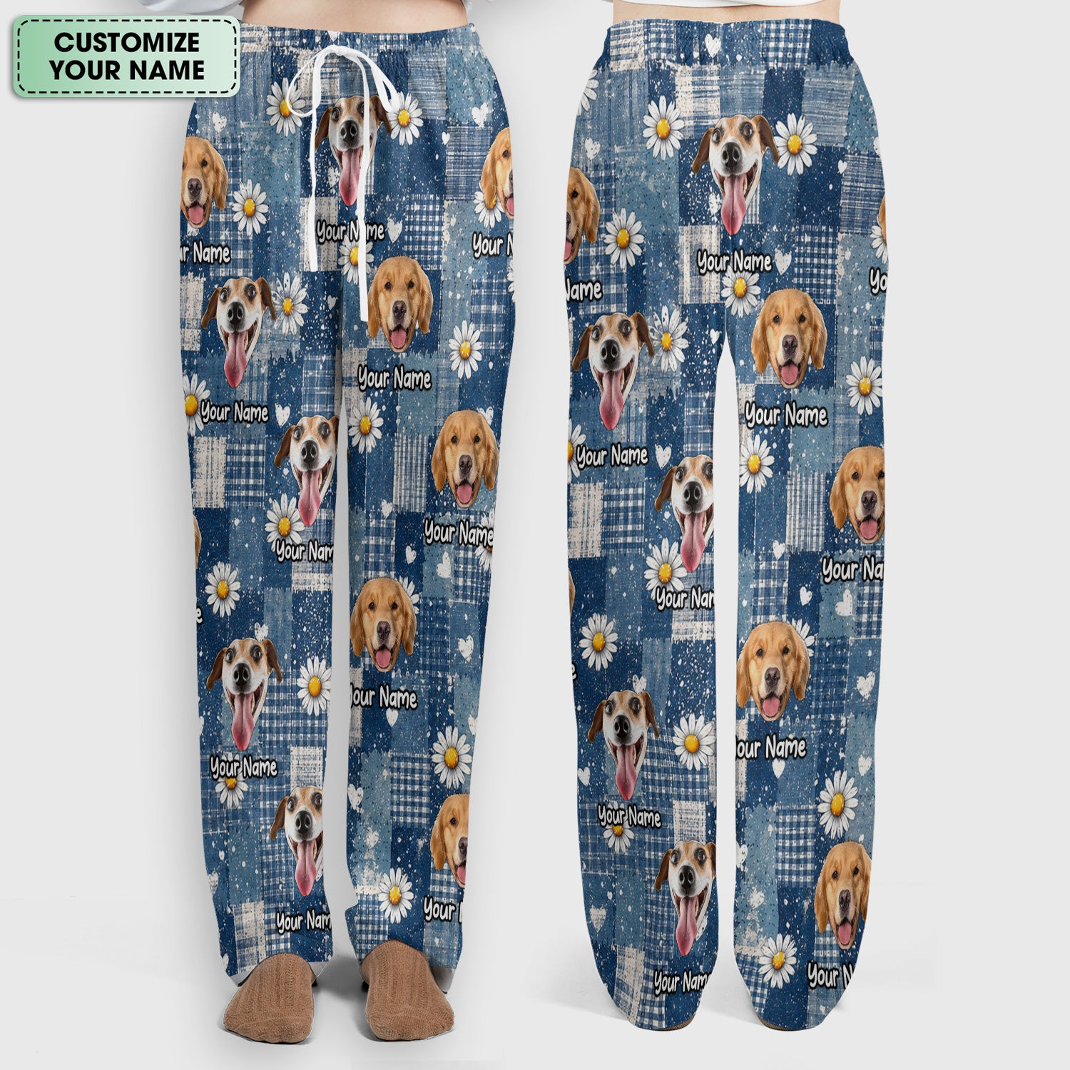 Personalized Cute Dog Portrait On Blue Patchwork Daisy Pattern Scrub Set, Scrub Pants and V Neck Top