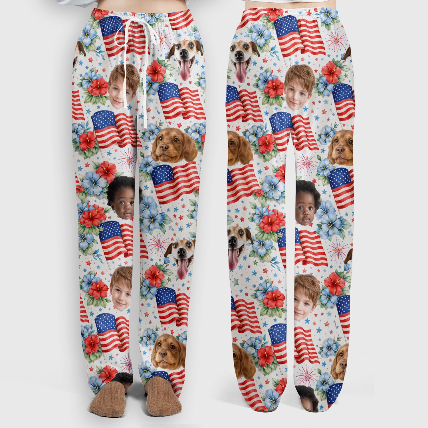Custom Photo Patriotic Kids & Pet Faces Flag Nurse Scrub Set, Scrub Pants and V Neck Top