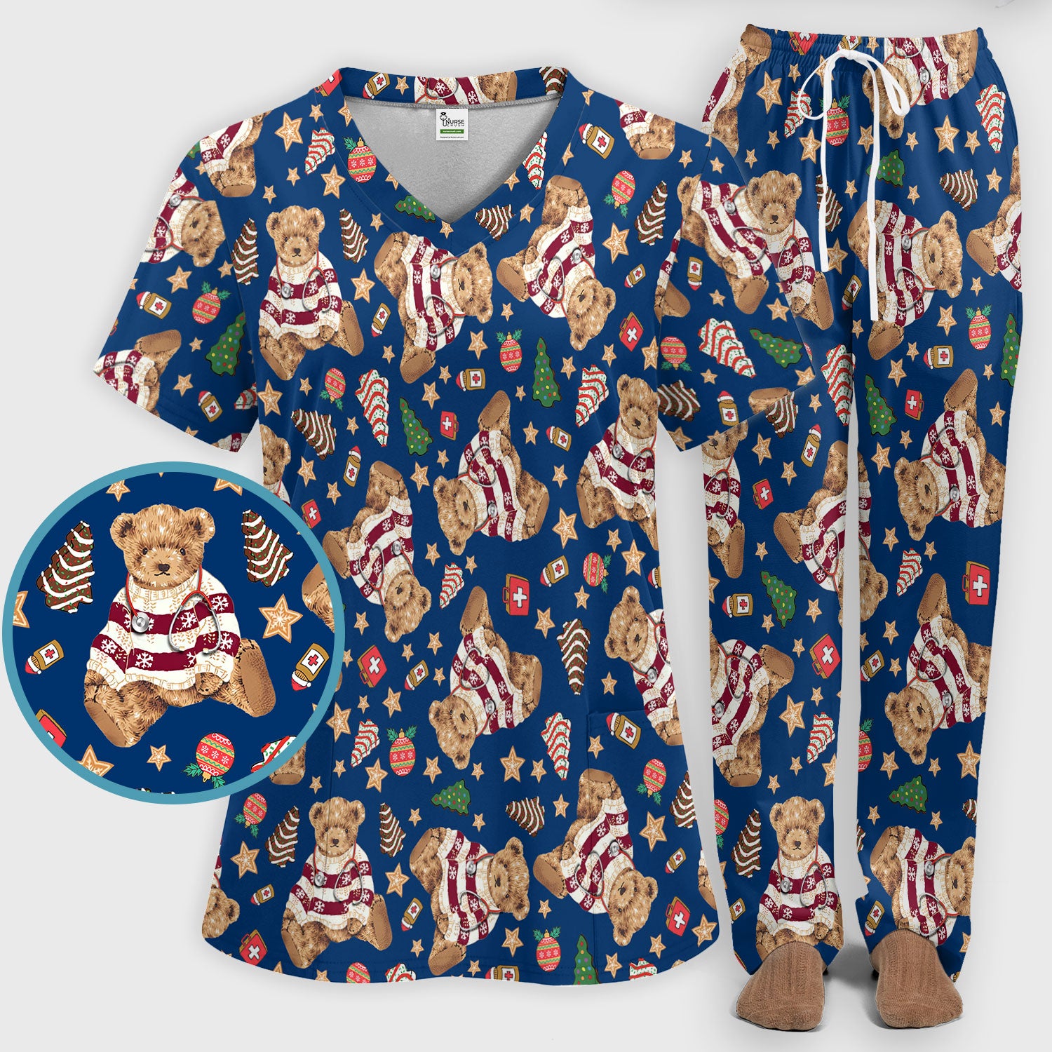 Teddy Bear Christmas Scrub Set - Festive Scrubs Pants and V Neck Top for Women - Gift for Nurses RN CNA LPN