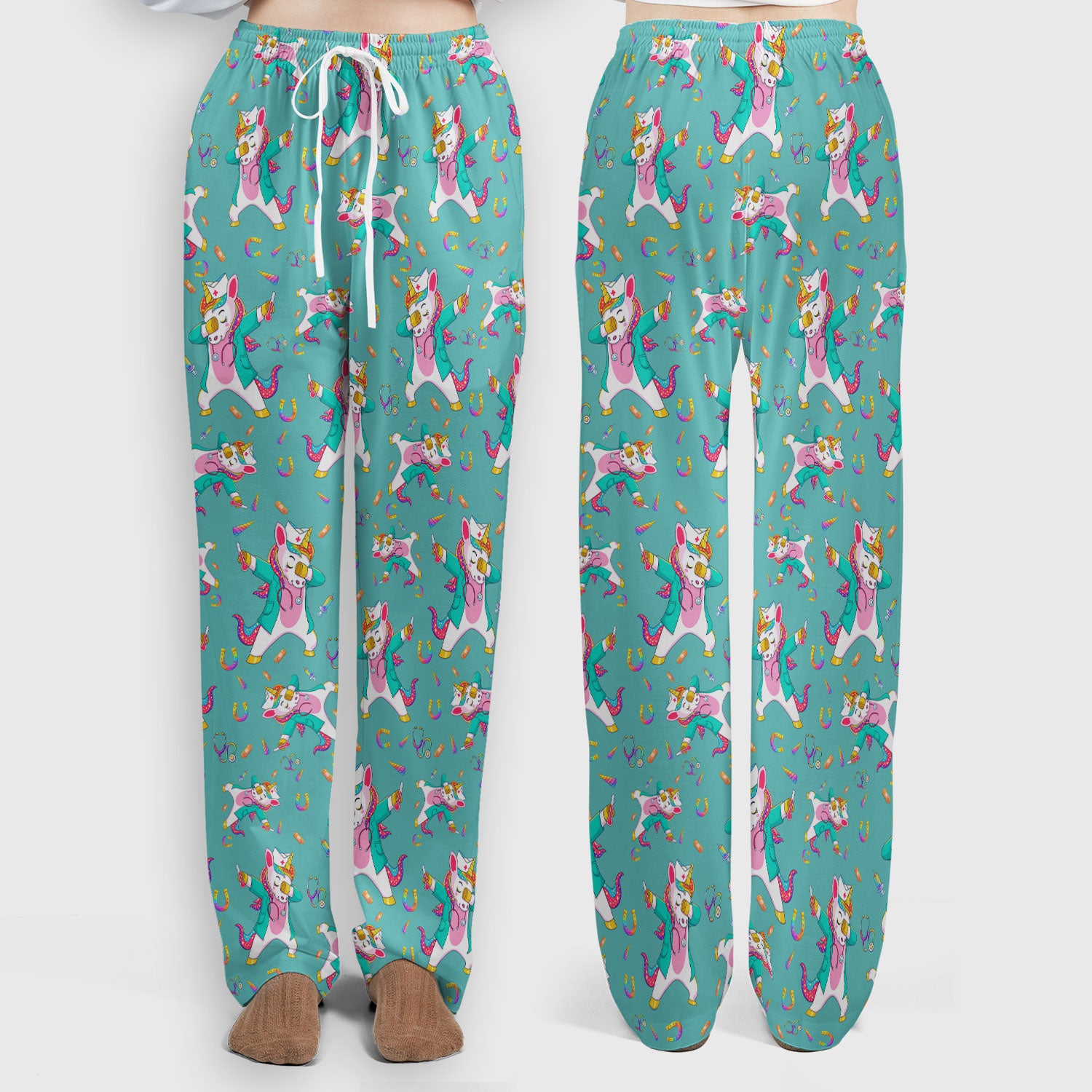 Cute Unicorn Nurse Dance Pattern Women's Sets, Scrub Pants and V Neck Top