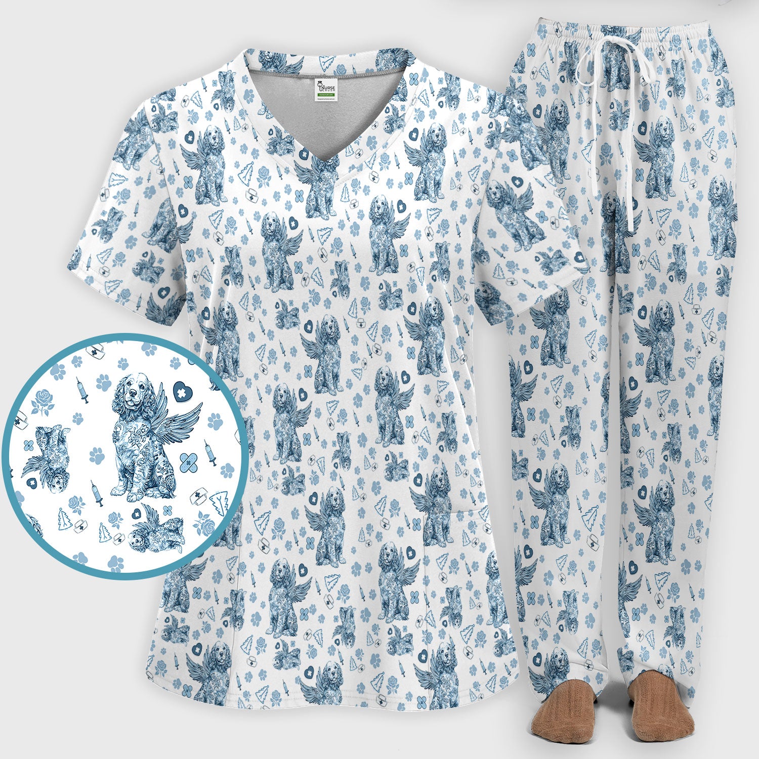 Toile De Jouy Scrub Set for Nurses - Angel Puppy Medical Uniform - Floral Dog in Heaven Gift for Women, Vet Techs, RN CNA LPN