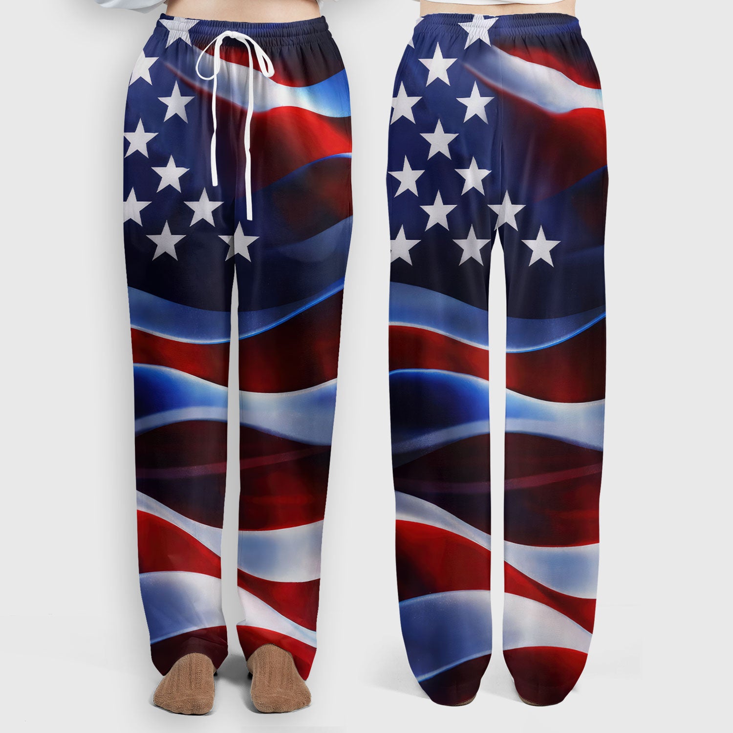 Personalized American Flag Stars Stripes Pattern Nurse Scrub Set, Scrub Pants and V Neck Top