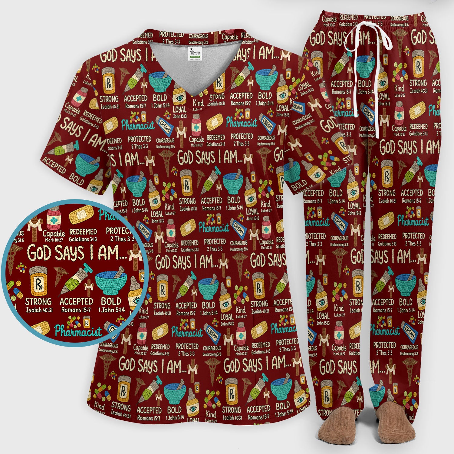 God Says I Am Pharmacist Scrub Set - Christian Pharmacy Scrubs Pants and V Neck Top for Women - Bible Verse Nurse Shirt