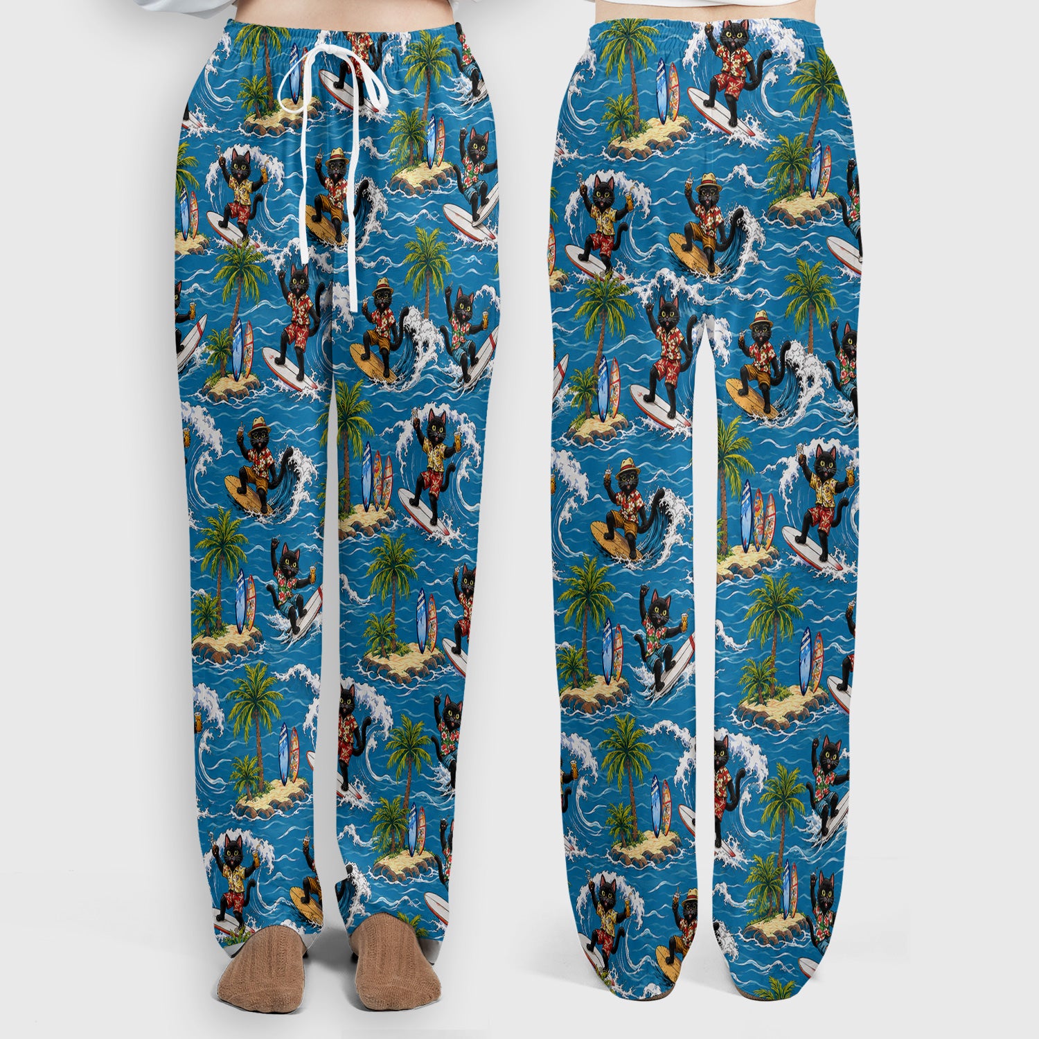Tropical Black Cat Surfer Island Pattern Scrub Set, Scrub Pants and V Neck Top