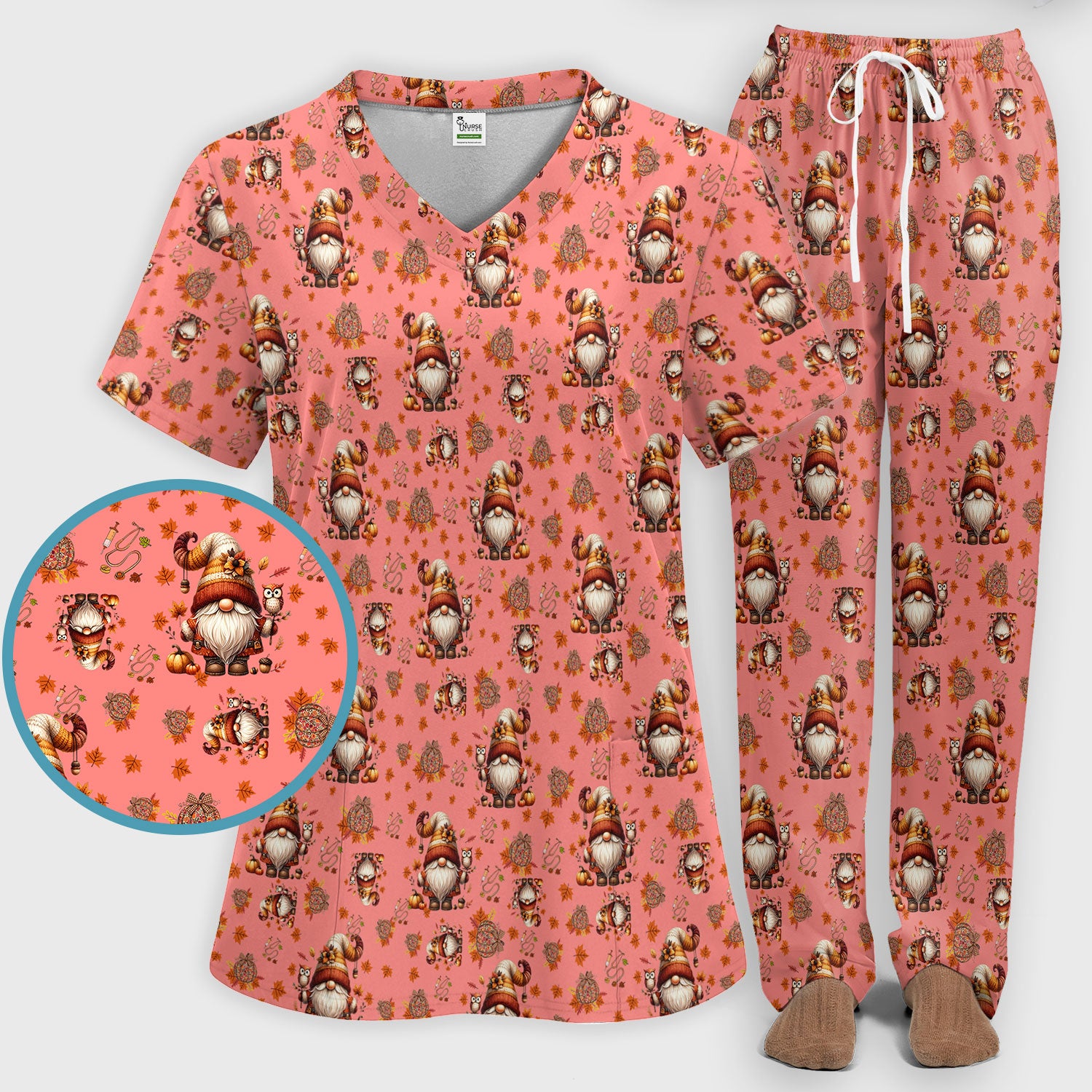 Fall Gnome Women's Scrub Sets - Autumn Leaves Pumpkin Scrub Pants and V Neck Top - Thanksgiving Nursing Uniform