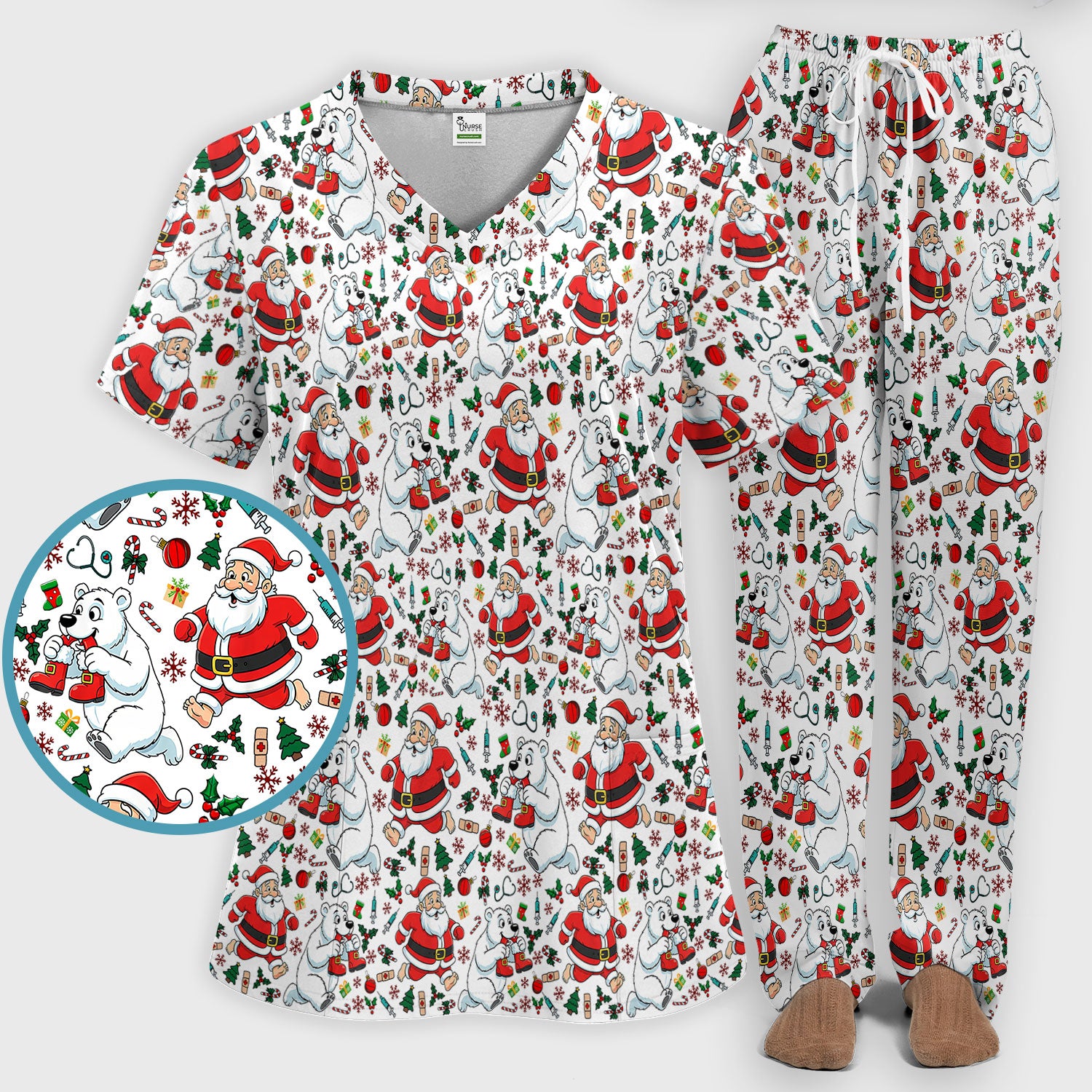Christmas Santa & Polar Bear Scrub Set - Funny Holiday Nursing Pants and V Neck Top - Cute Winter Medical Uniform