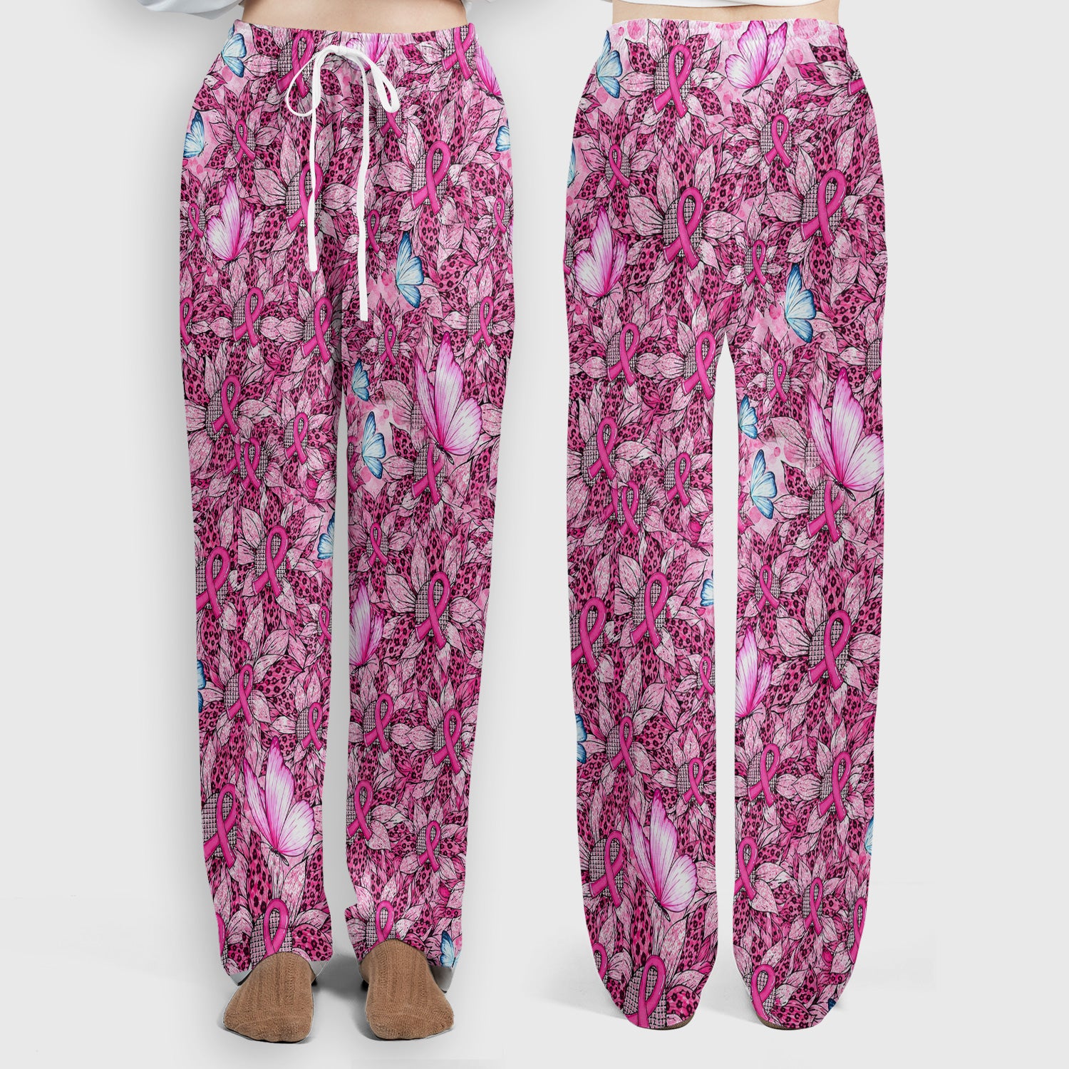 Pink Ribbon Butterfly Breast Cancer Scrub Set, Scrub Pants and V Neck Top