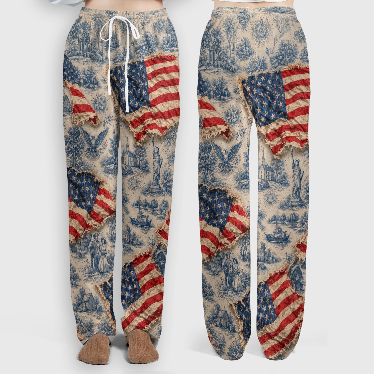 Vintage American Flag Toile Pattern Scrub Set, Scrub Pants and V Neck Top
