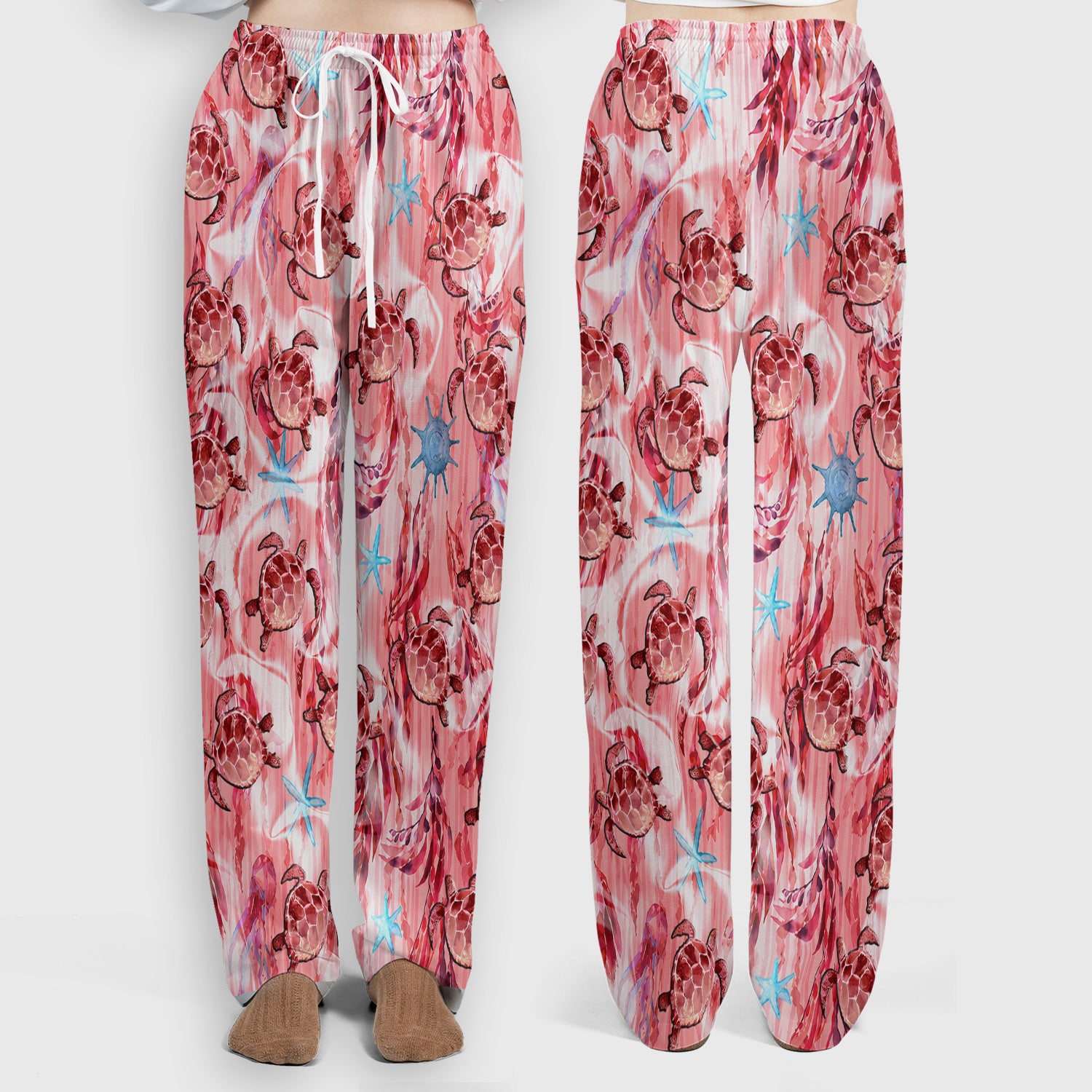 Pink Sea Turtle Ocean Pattern Scrub Set, Scrub Pants and V Neck Top