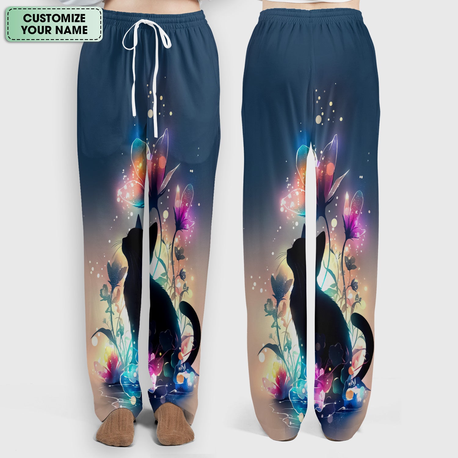 Custom Name Cat Floral Glow Pattern Scrub Set, Women's Scrub Sets