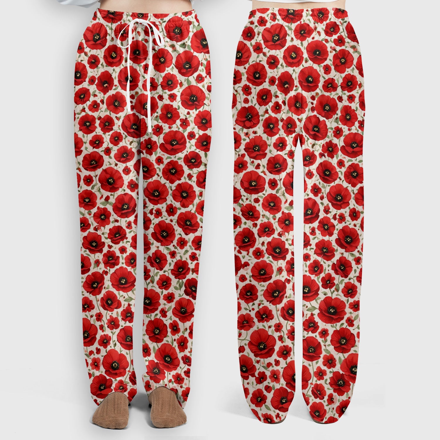 Pretty Red Poppy Flower Garden Pattern Scrub Set, Scrub Pants and V Neck Top