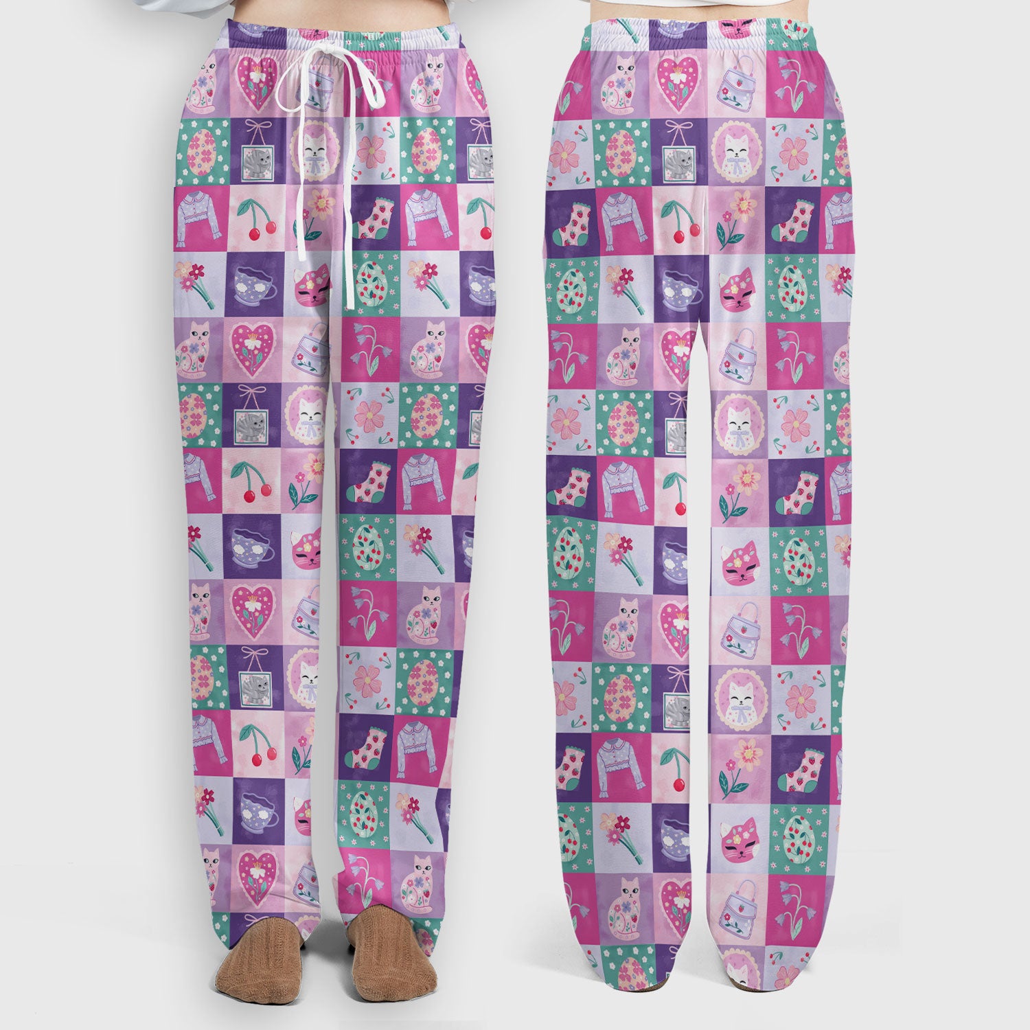 Pastel Cat Patchwork Scrub Set,  Kawaii Floral Scrub Pants and V Neck Top