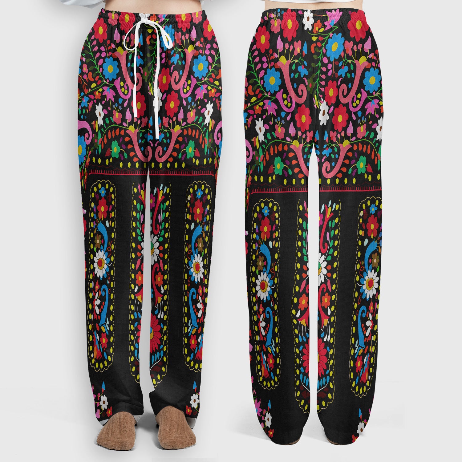 Colorful Folk Art Floral Pattern Scrub Set, Scrub Pants and V Neck Top