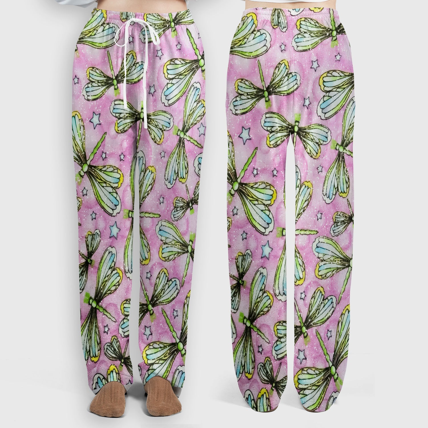 Dragonfly On Pink Starry Background Scrub Set, Scrub Pants and V Neck Top