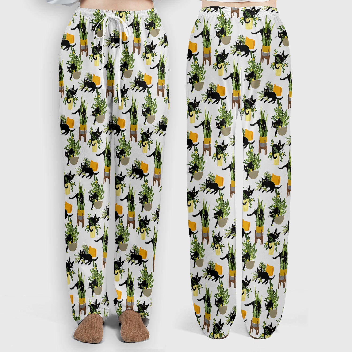 Black Cat Plant Pots Pattern Scrub Set, Scrub Pants and V Neck Top