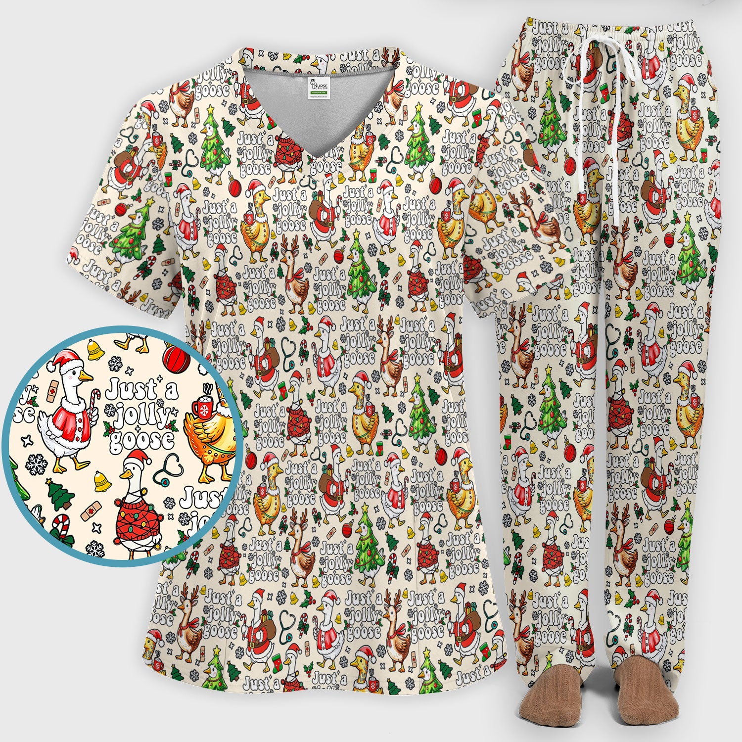 Christmas Goose Scrub Set for Nurse - Funny Jolly Holiday Medical Uniform for Women
