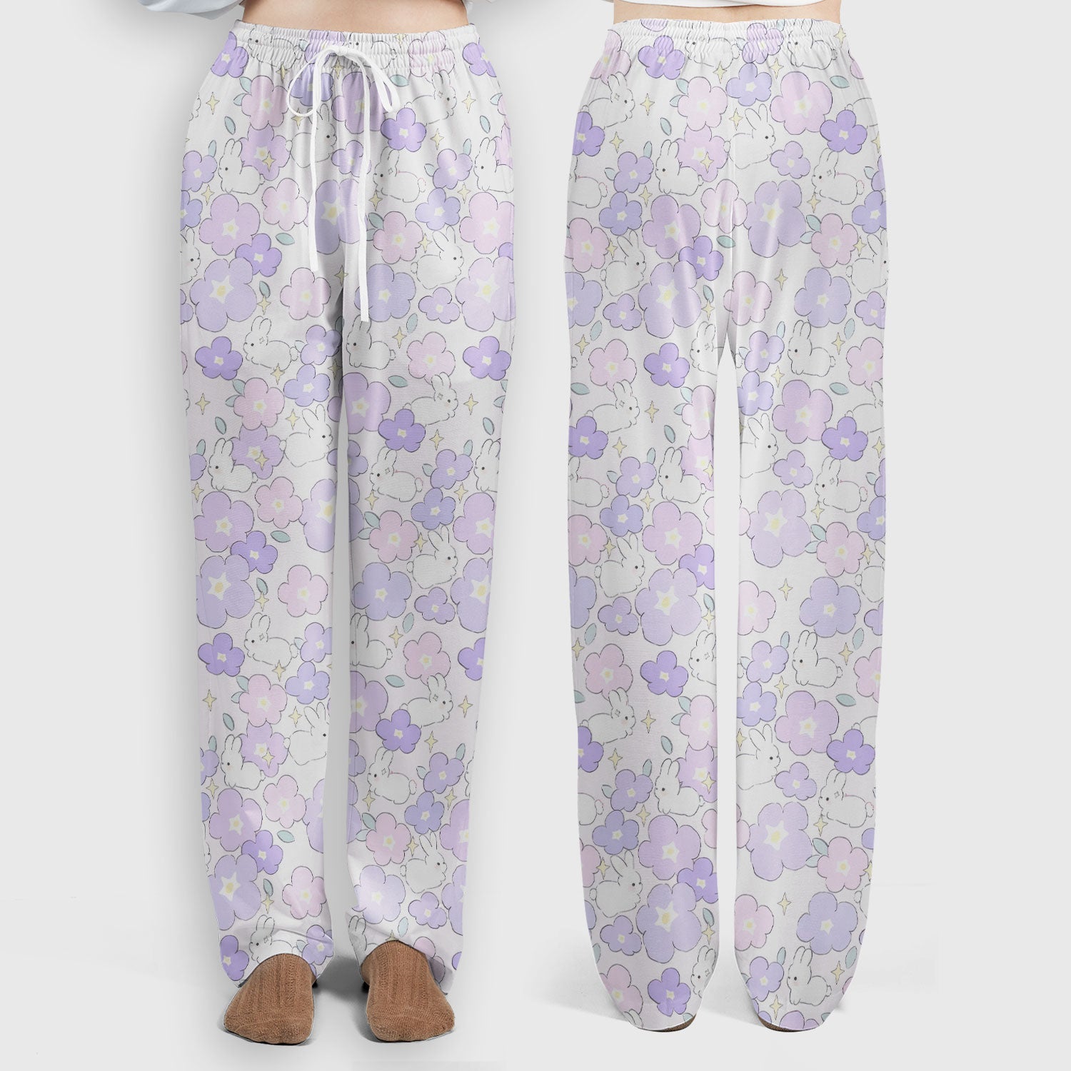 Cute Bunny Floral Pastel Pattern Scrub Set, Women's Scrub Sets