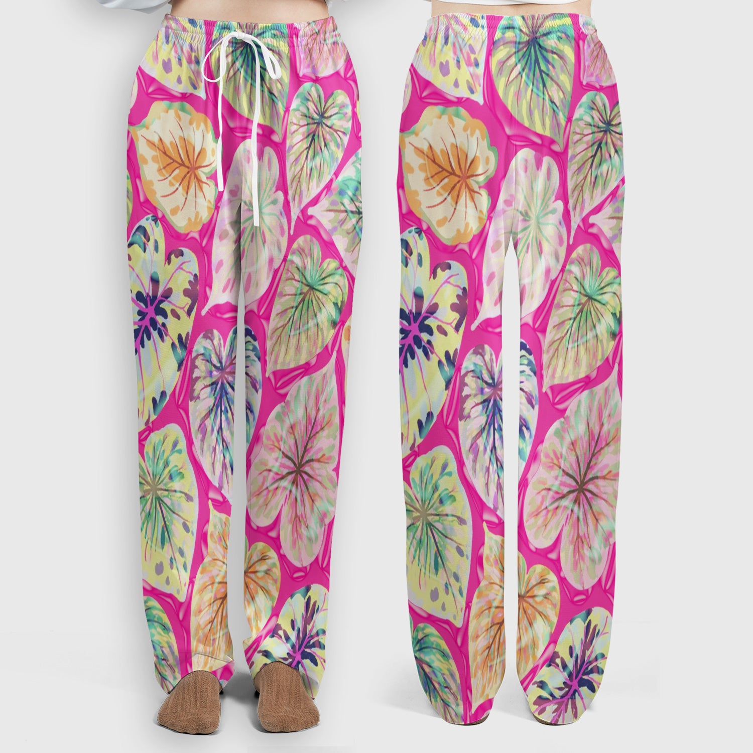 Tropical Colorful Shaped Leaf Nurse Pattern Scrub Set, Scrub Pants and V Neck Top