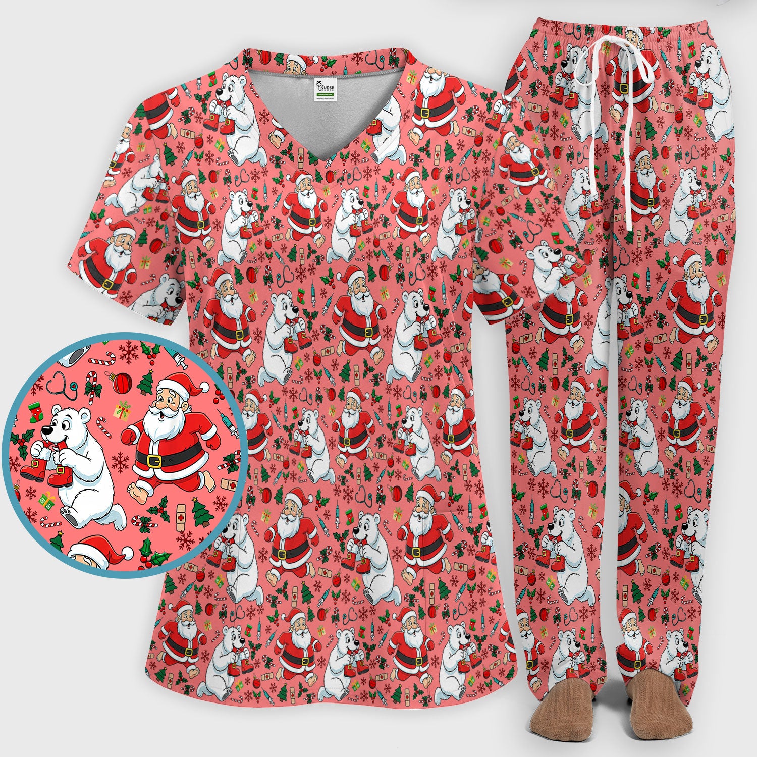 Christmas Santa & Polar Bear Scrub Set - Funny Holiday Nursing Pants and V Neck Top - Cute Winter Medical Uniform