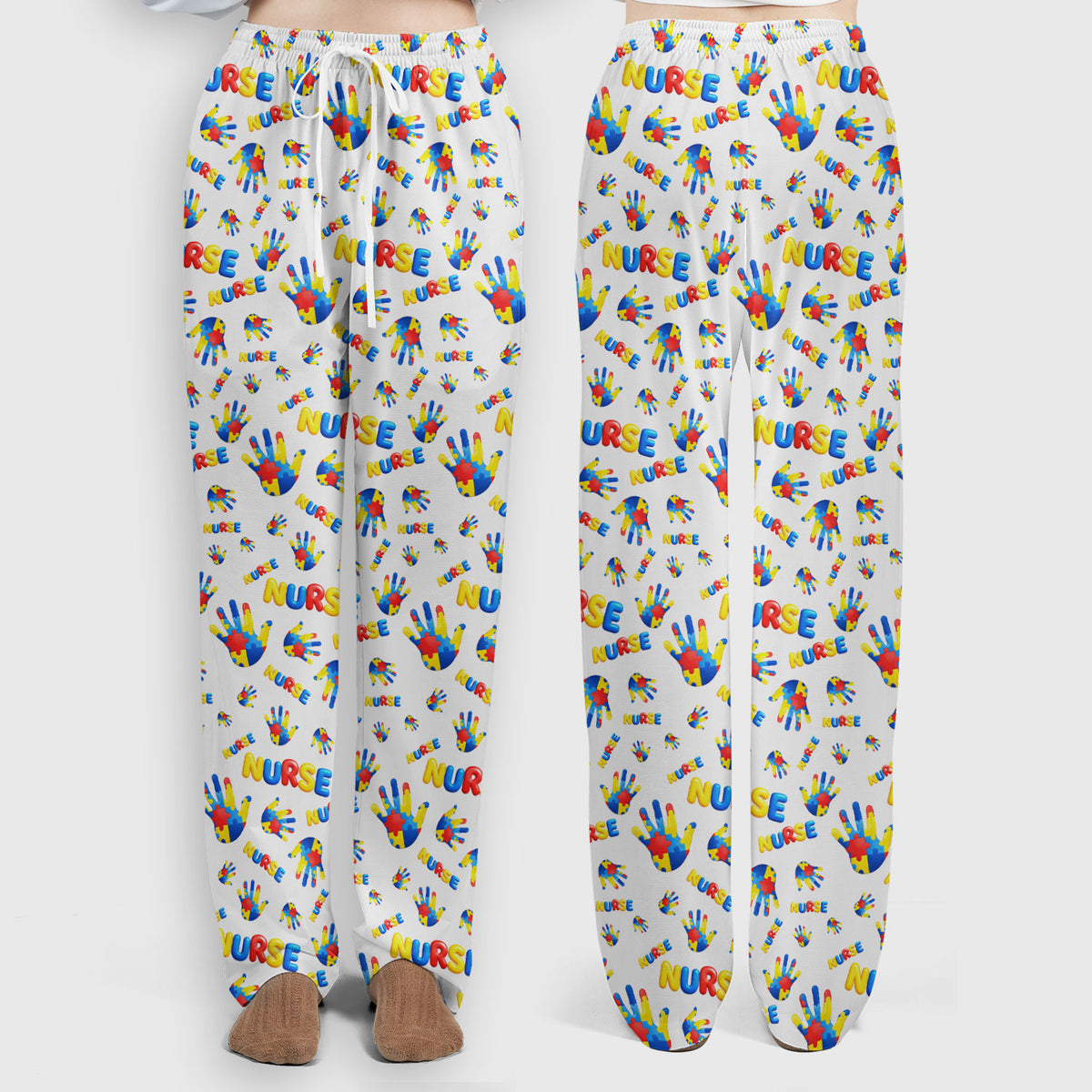 Colorful Autism Handprint Nurse Pattern Scrubs Set, Scrub Pants and V Neck Top