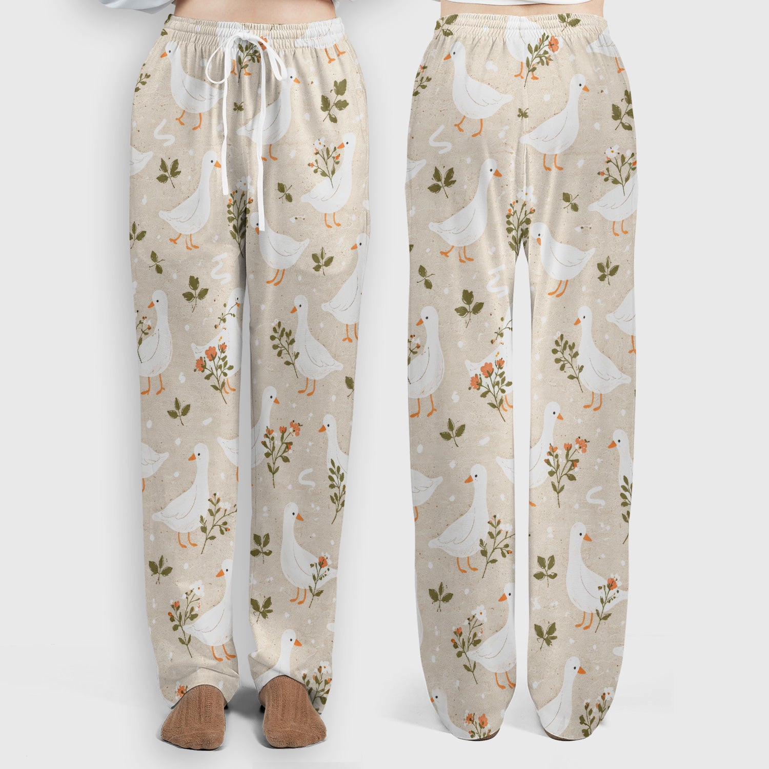 White Goose Floral Meadow Pattern Scrub Set, Scrub Pants and V Neck Top