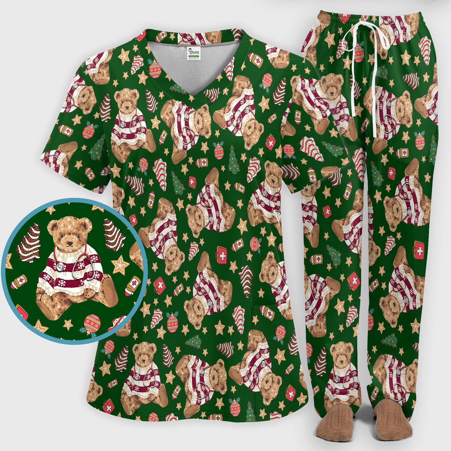 Teddy Bear Christmas Scrub Set - Festive Scrubs Pants and V Neck Top for Women - Gift for Nurses RN CNA LPN