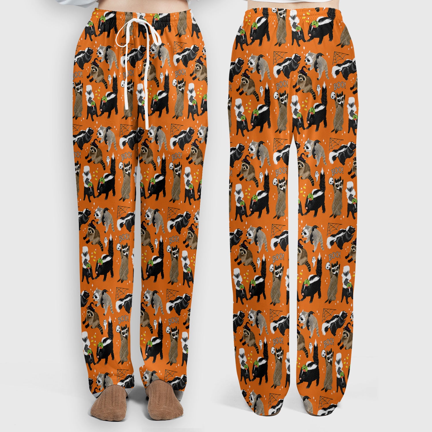 Halloween Wildlife with Skunk Raccoon Pattern Scrub Set, Scrub Pants and V Neck Top