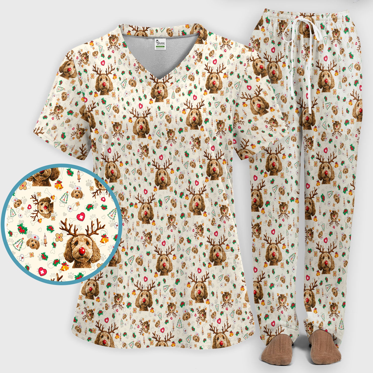Christmas Labradoodle Scrub Set - Funny Reindeer Dog Nurse Pants and V Neck Top - Cute Holiday Medical Uniform