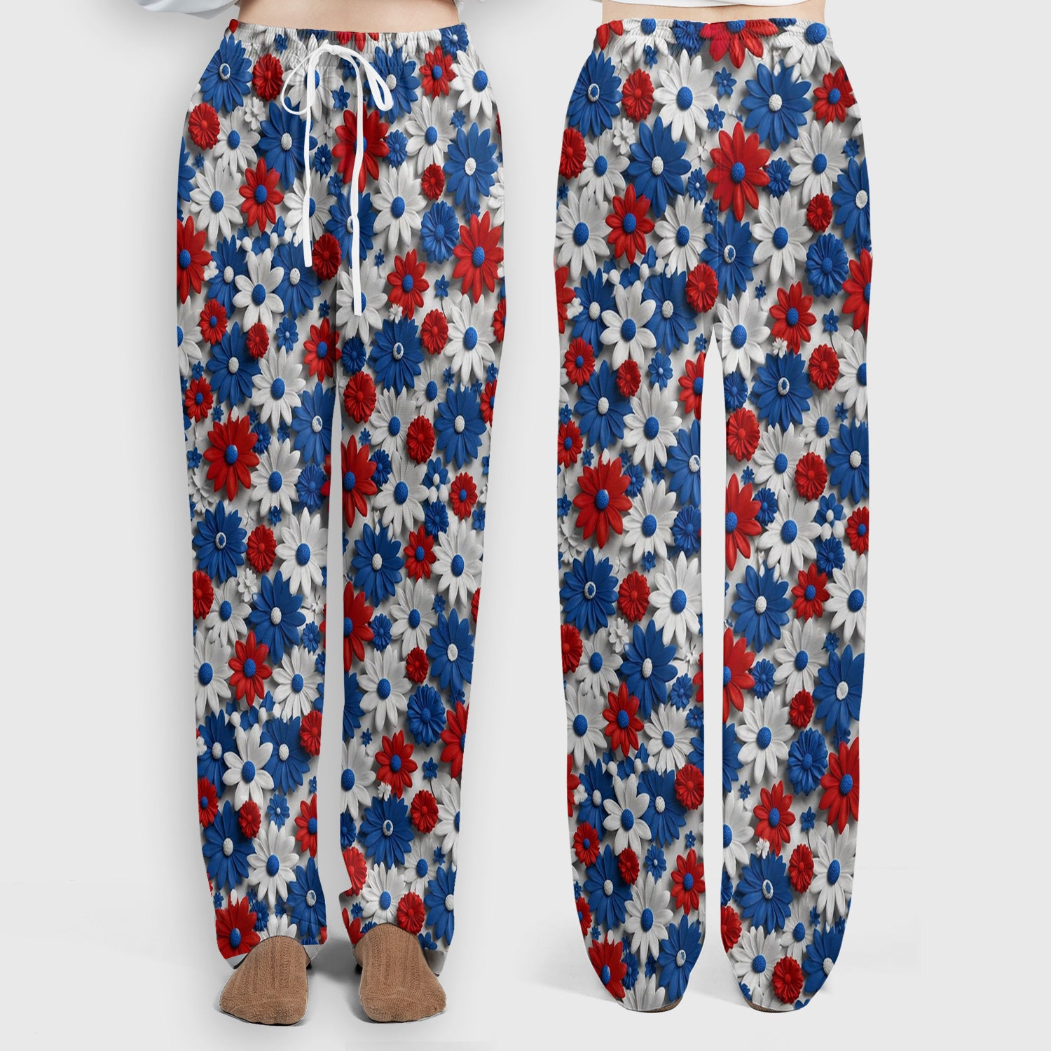Patriotic Red Blue Daisy Floral Pattern Scrub Set, Scrub Pants and V Neck Top