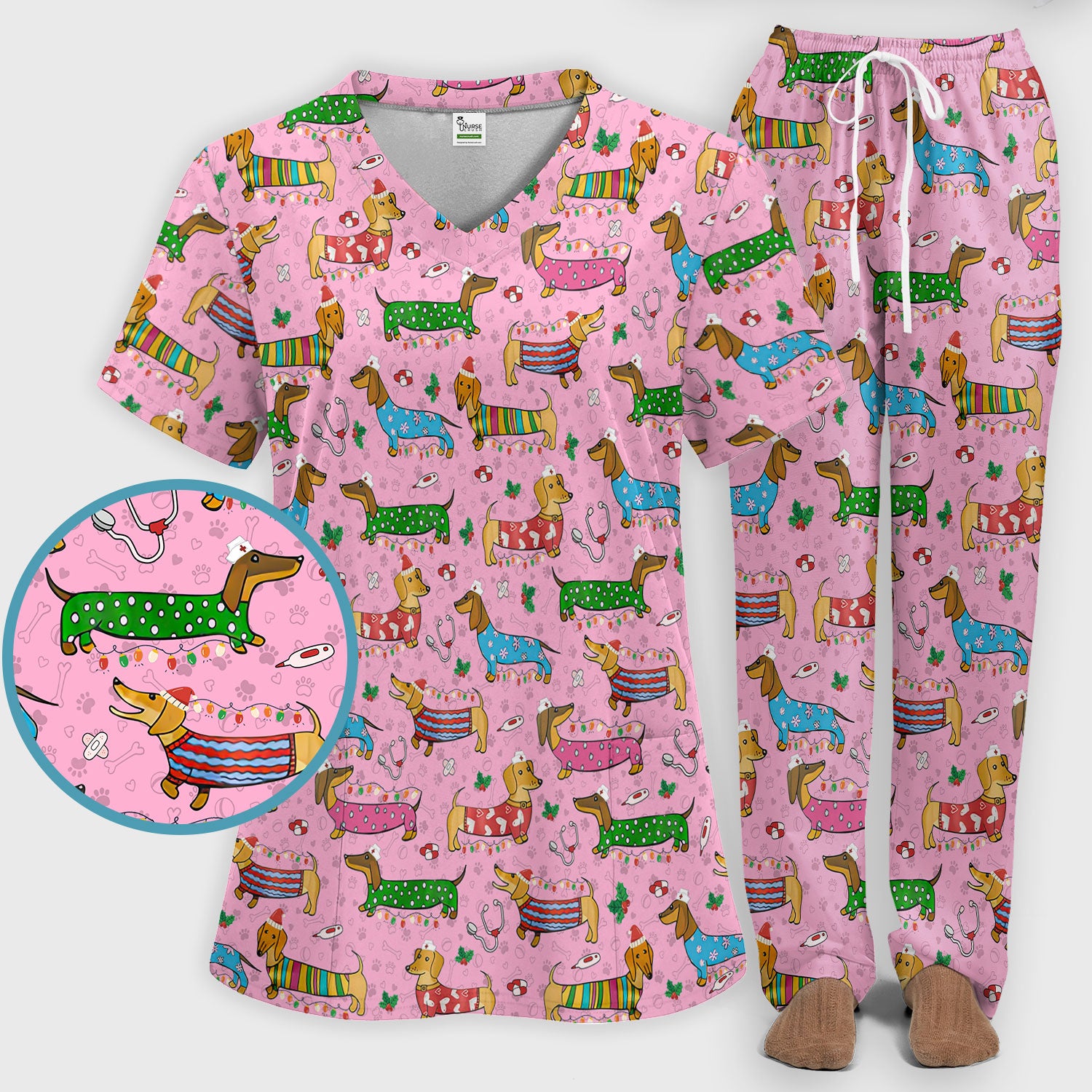 Christmas Dachshund Scrub Set for Nurses - Cute Wiener Dog in Holiday Outfit - Funny Medical Uniform Gift for Women RN LPN CNA