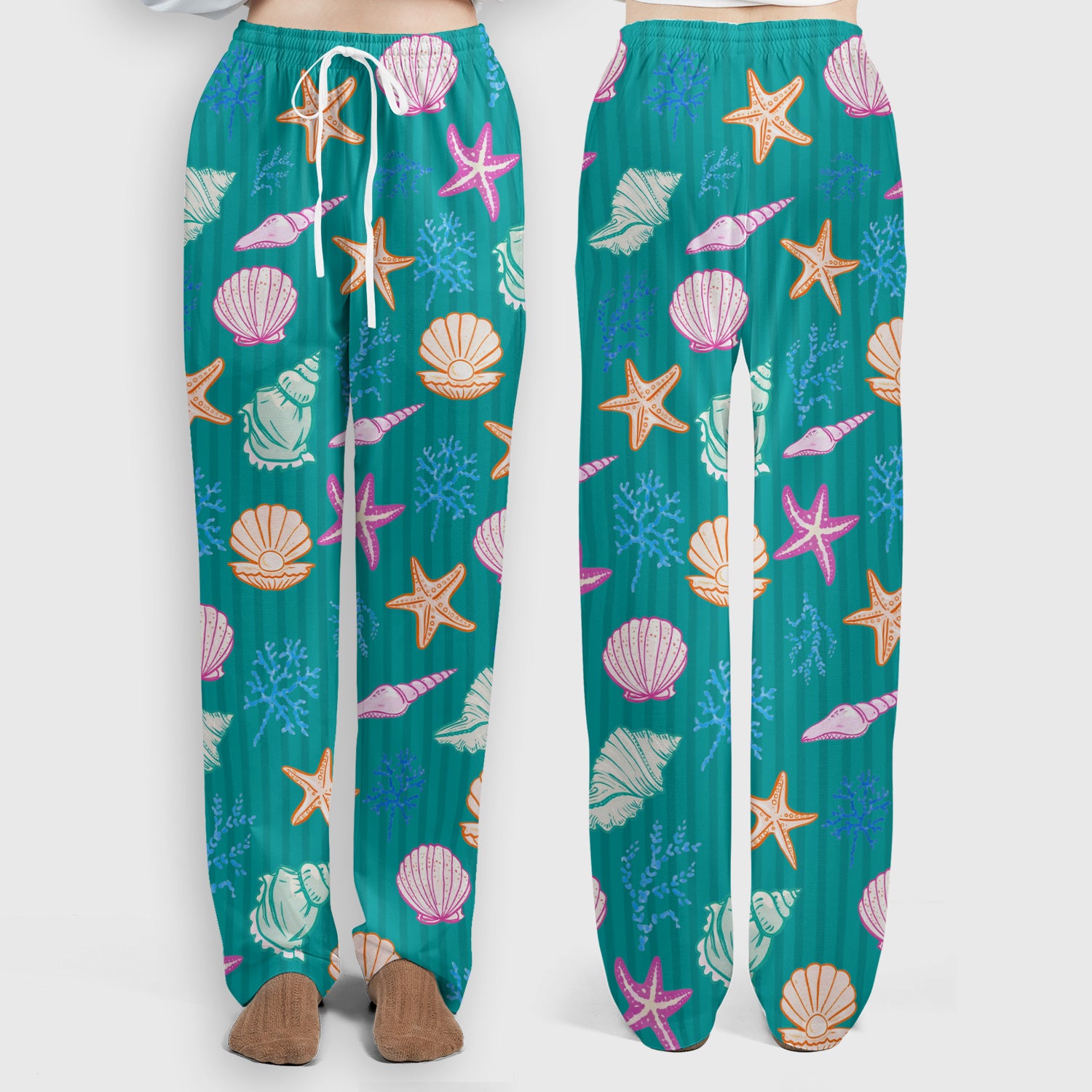 Colorful Seashell Starfish Ocean Stripe Pattern Scrub Set, Women's Scrub Sets