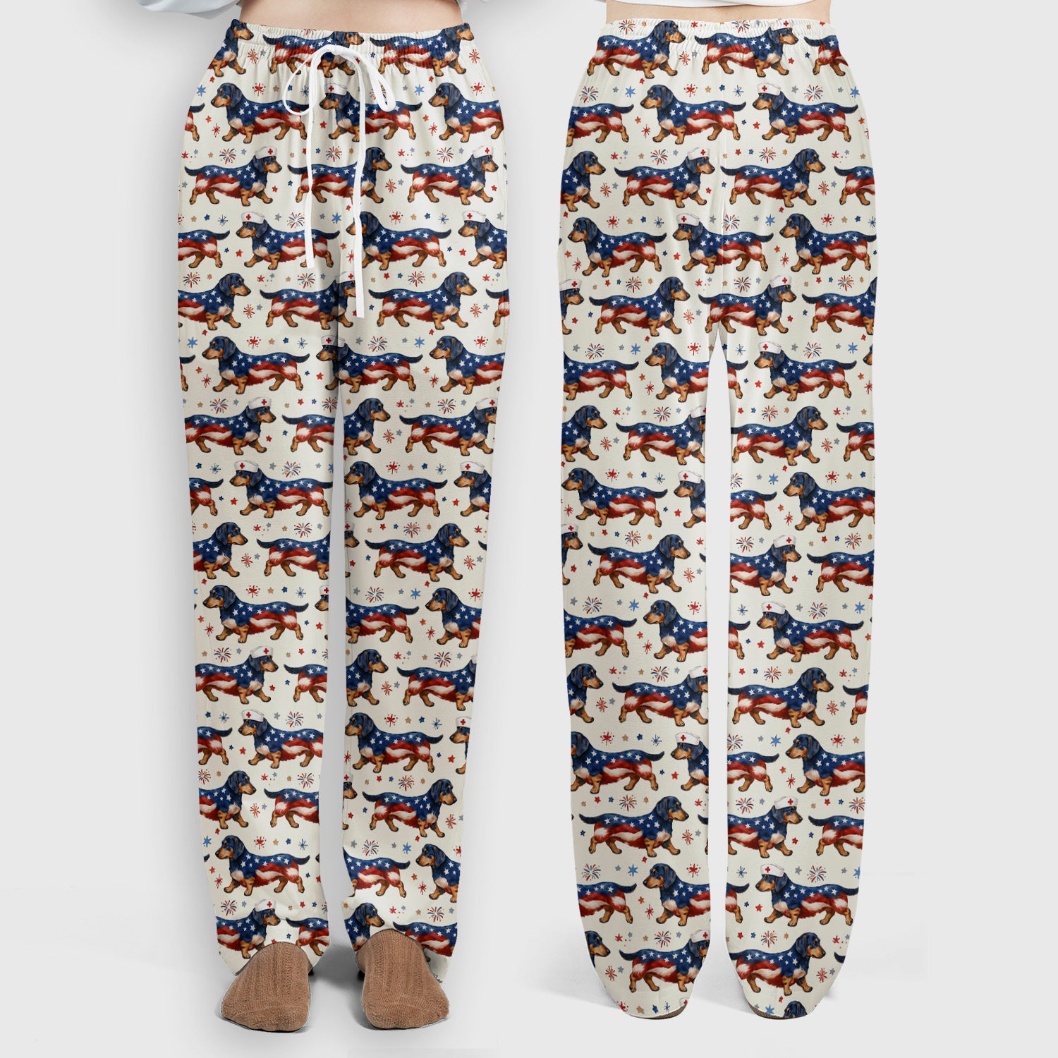 Patriotic Dachshund Dog American Flag Pattern Nurse Scrub Set, Scrub Pants and V Neck Top