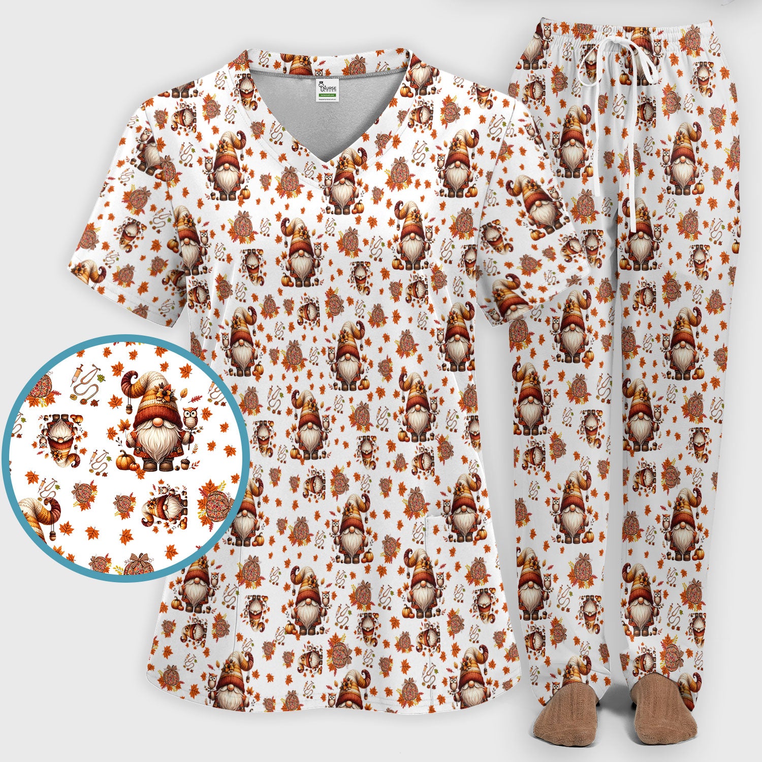 Fall Gnome Women's Scrub Sets - Autumn Leaves Pumpkin Scrub Pants and V Neck Top - Thanksgiving Nursing Uniform