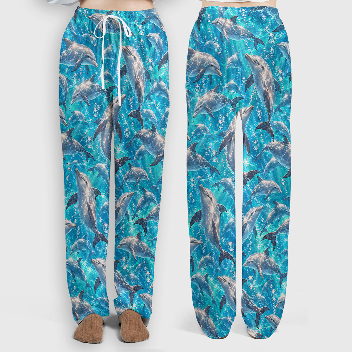 Blue Ocean Dolphin Pattern Scrub Set, Scrub Pants and V Neck Top