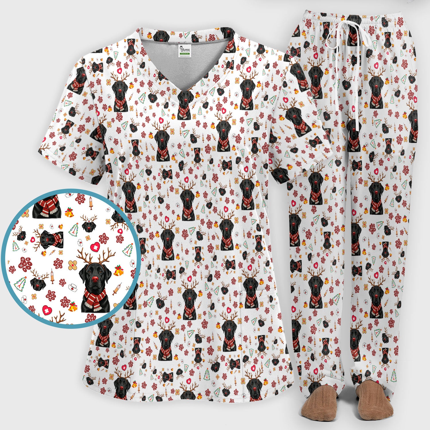 Funny Black Lab Reindeer Scrub Set - Christmas Dog Nurse Pants and V Neck Top - Cute Holiday Medical Uniform