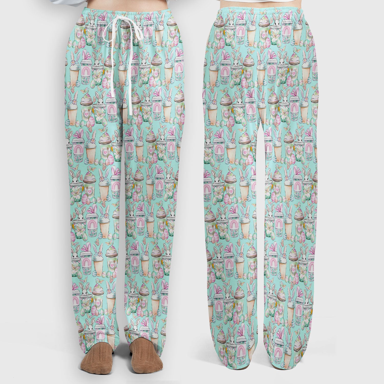 Cute Easter Bunny Coffee Cup Pattern Scrub Sets, Scrub Pants and V Neck Top