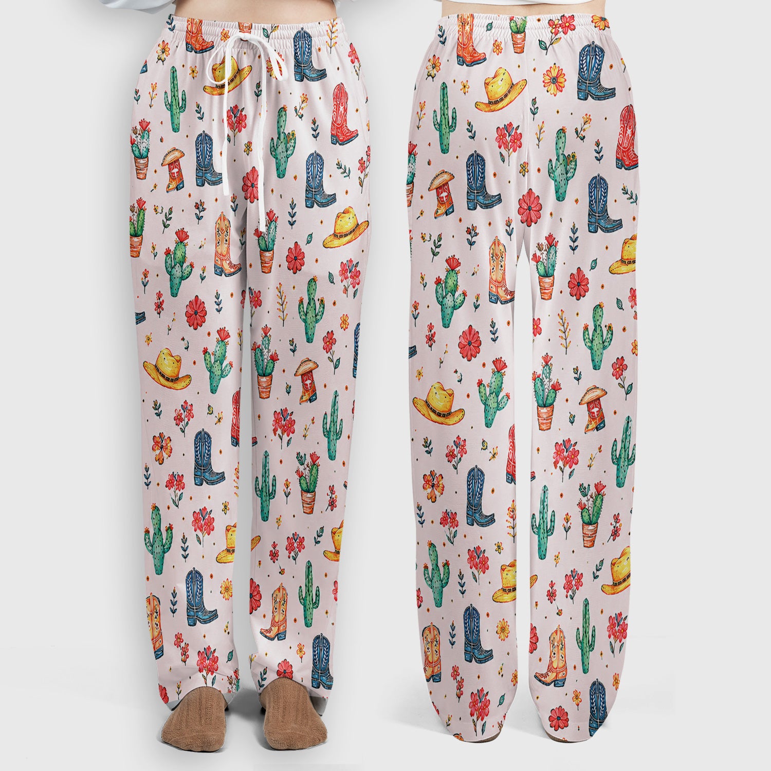 Whimsical Western Cactus Boots Pattern Scrub Set, Scrub Pants and V Neck Top
