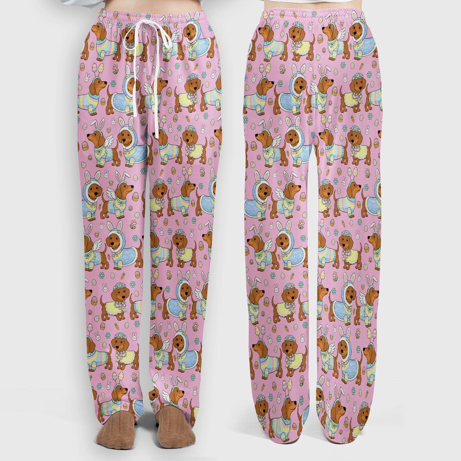 Easter Dachshund Bunny Pattern Scrub Set, Scrub Pants and V Neck Top