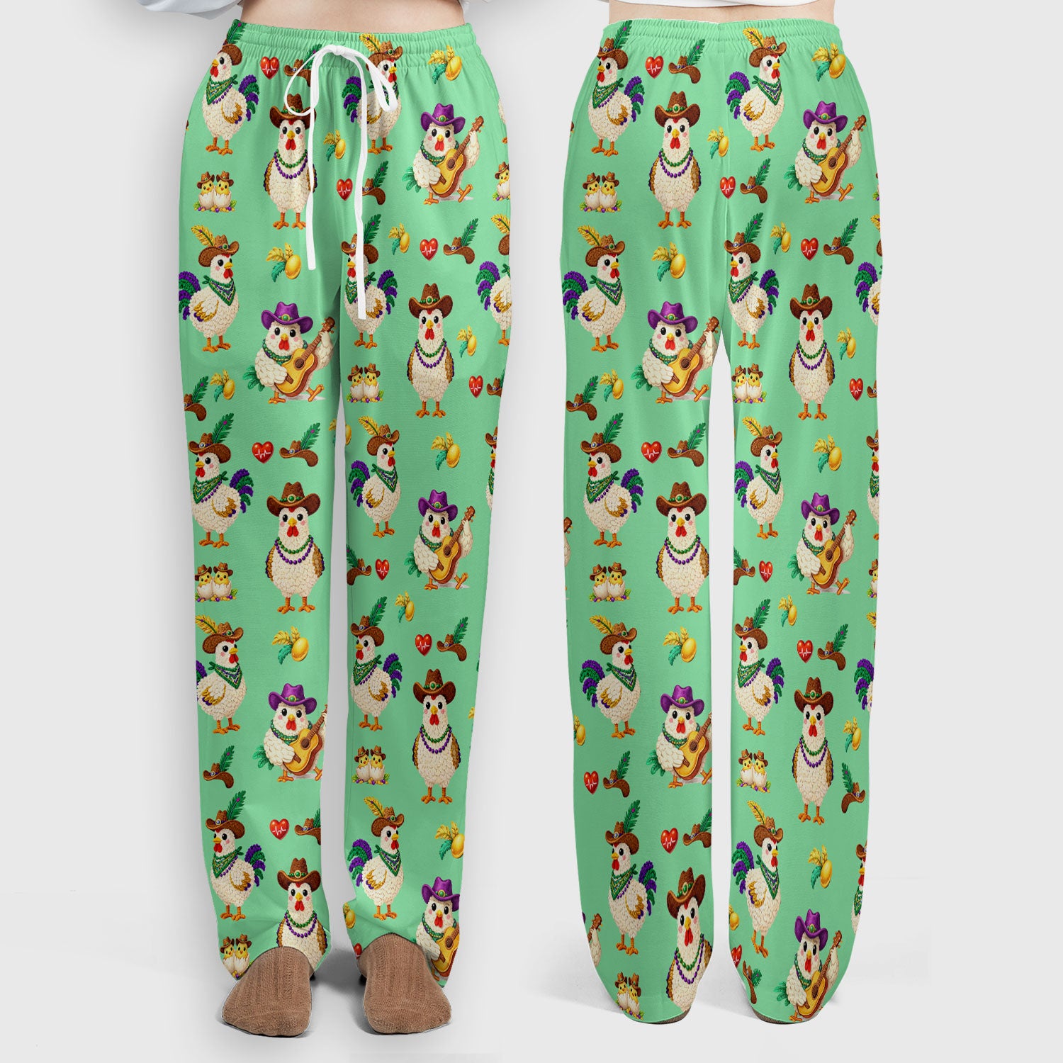 Funny Mardi Gras Rooster Cowboy Print Set, Women's Scrub Sets