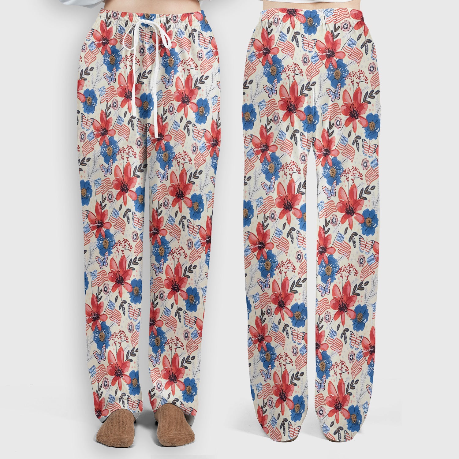 Patriotic Wildflower Flag Butterfly Pattern Scrub Set, Scrub Pants and V Neck Top