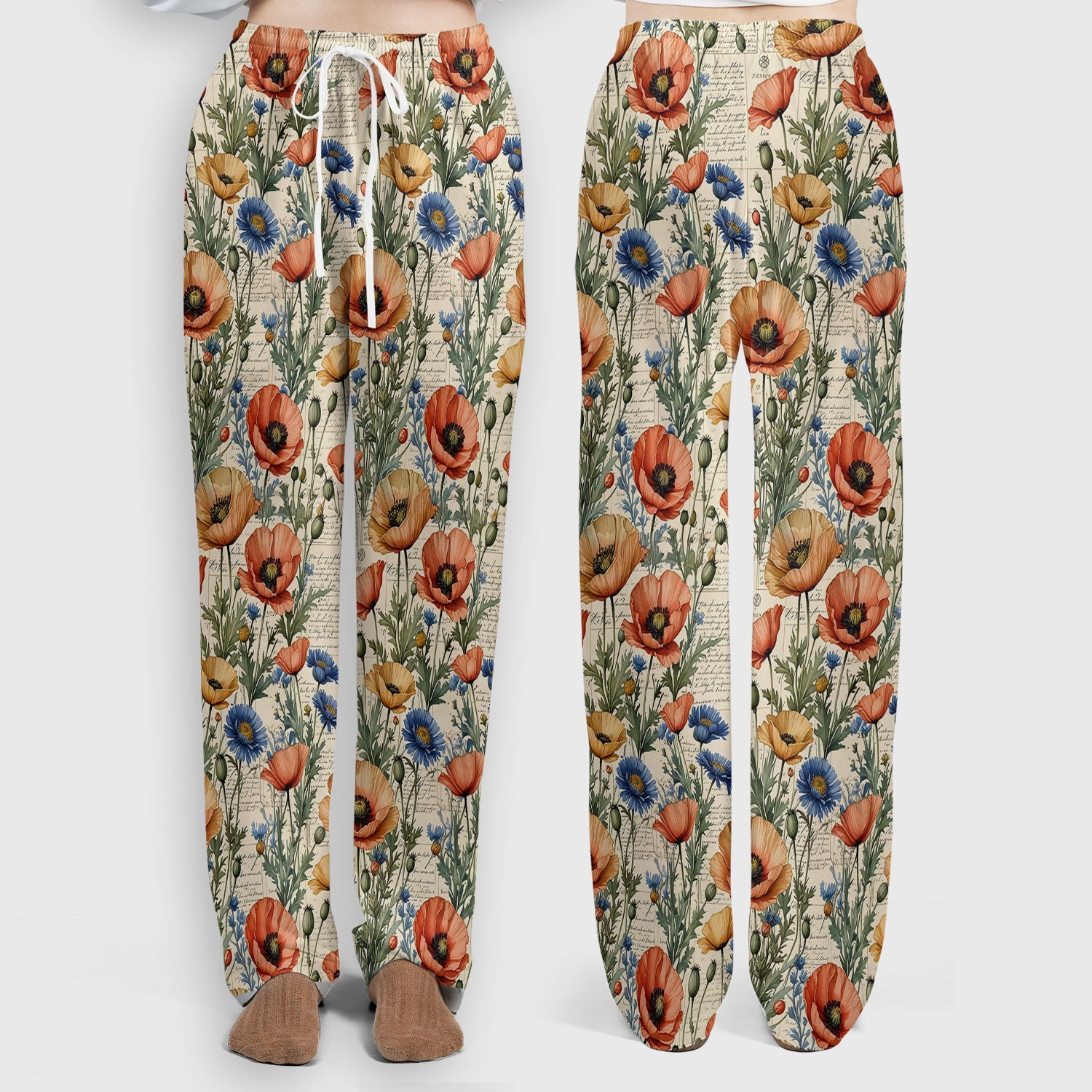 Vintage Poppy Wildflower Script Print Scrub Set, Scrub Pants and V Neck Top