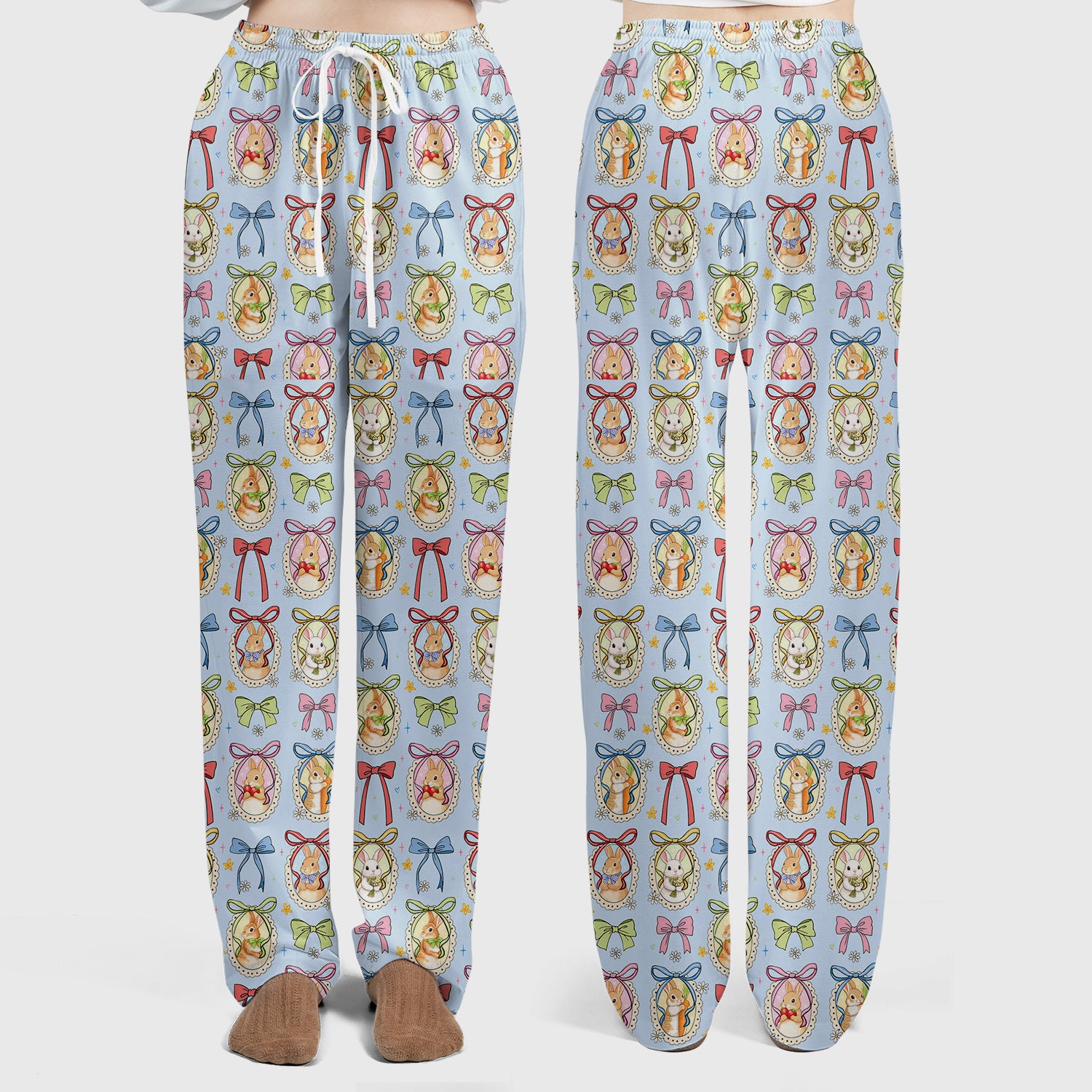 Cute Easter Bunny Cameo Colorful Bow Pattern Scrub Set, Breathable Med Uniform
