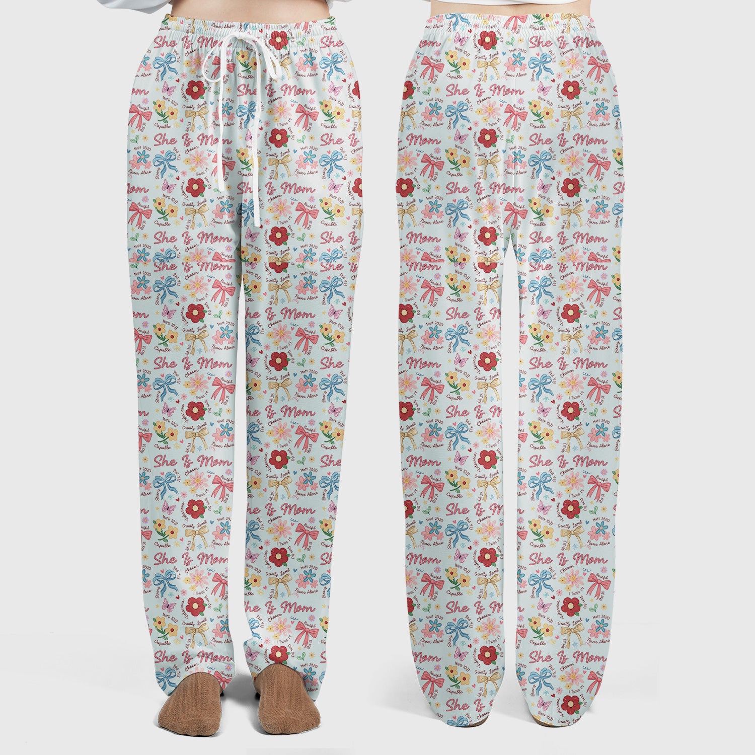 She Is Mom Flower Bow Pattern Scrub Set, Scrub Pants and V Neck Top