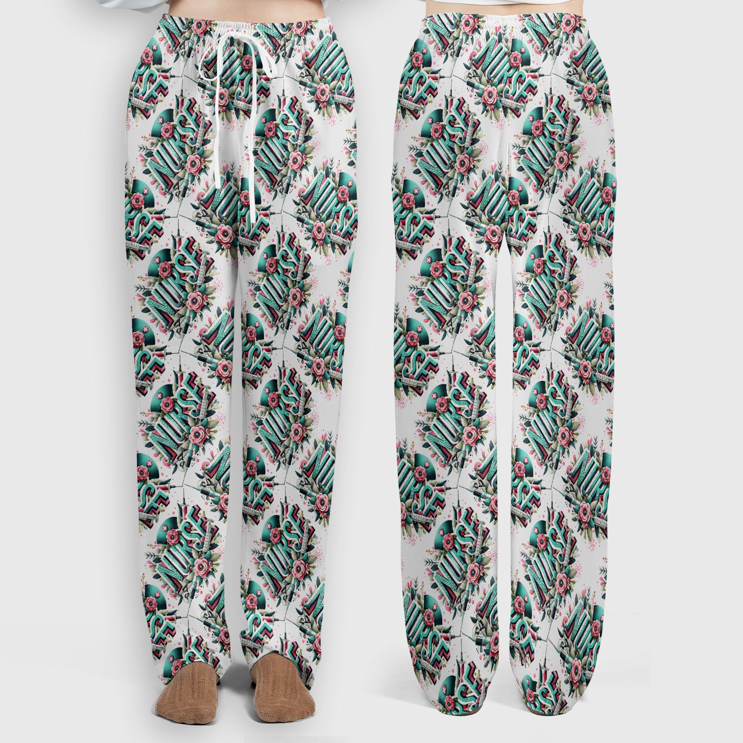 Cute Nurse Typography Floral Medical Pattern Scrub Set, Scrub Pants and V Neck Top