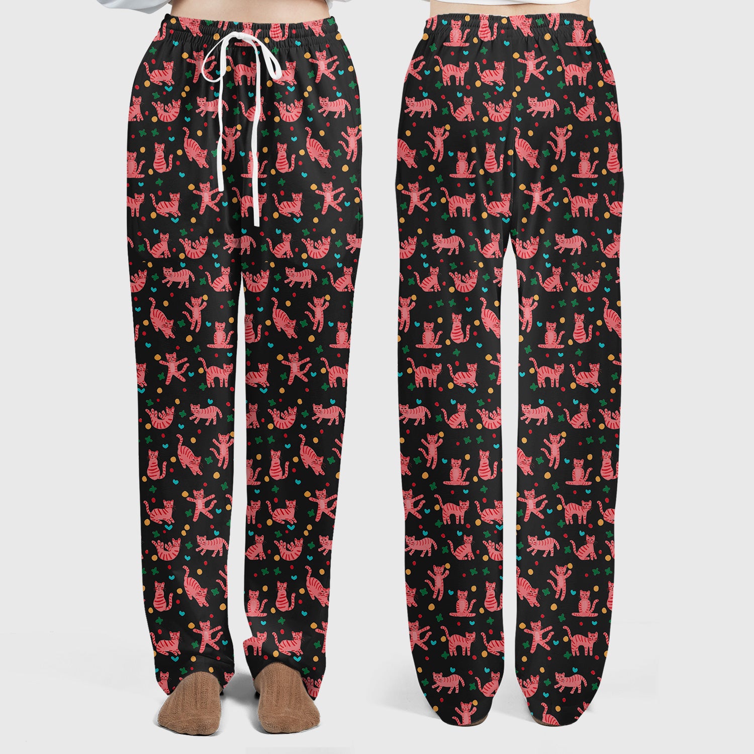 Cute Pink Cat Pattern Women's Scrub Sets, Scrub Pants and V Neck Top